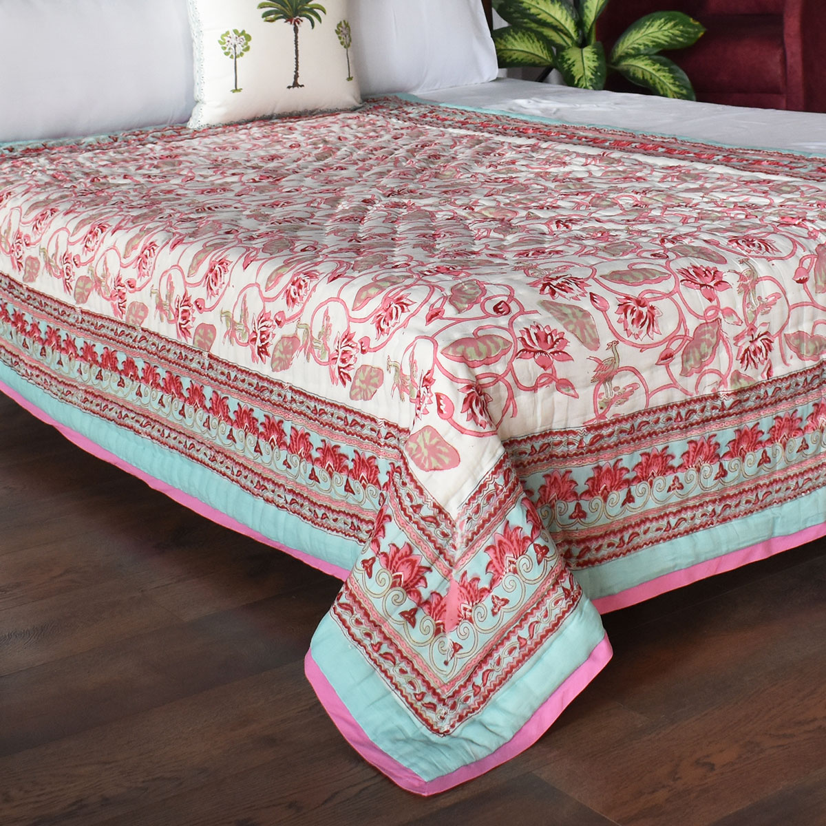 Hand Block Printed Cotton Twin Size Quilt  Lotus Lake Jade 202202