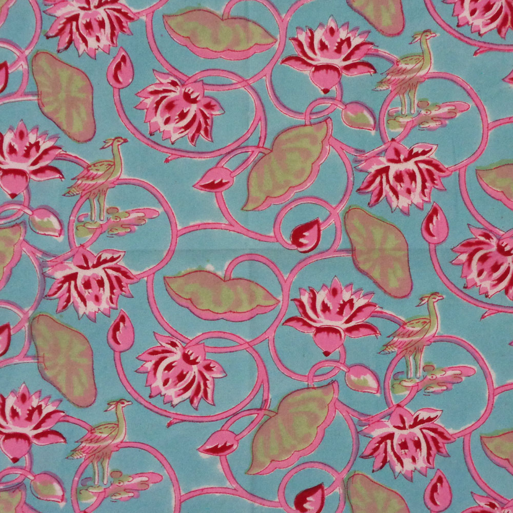 5 Yard Running Fabric Hand Block Printed Cotton Voile Fabric Lotus Lake Jade 202202