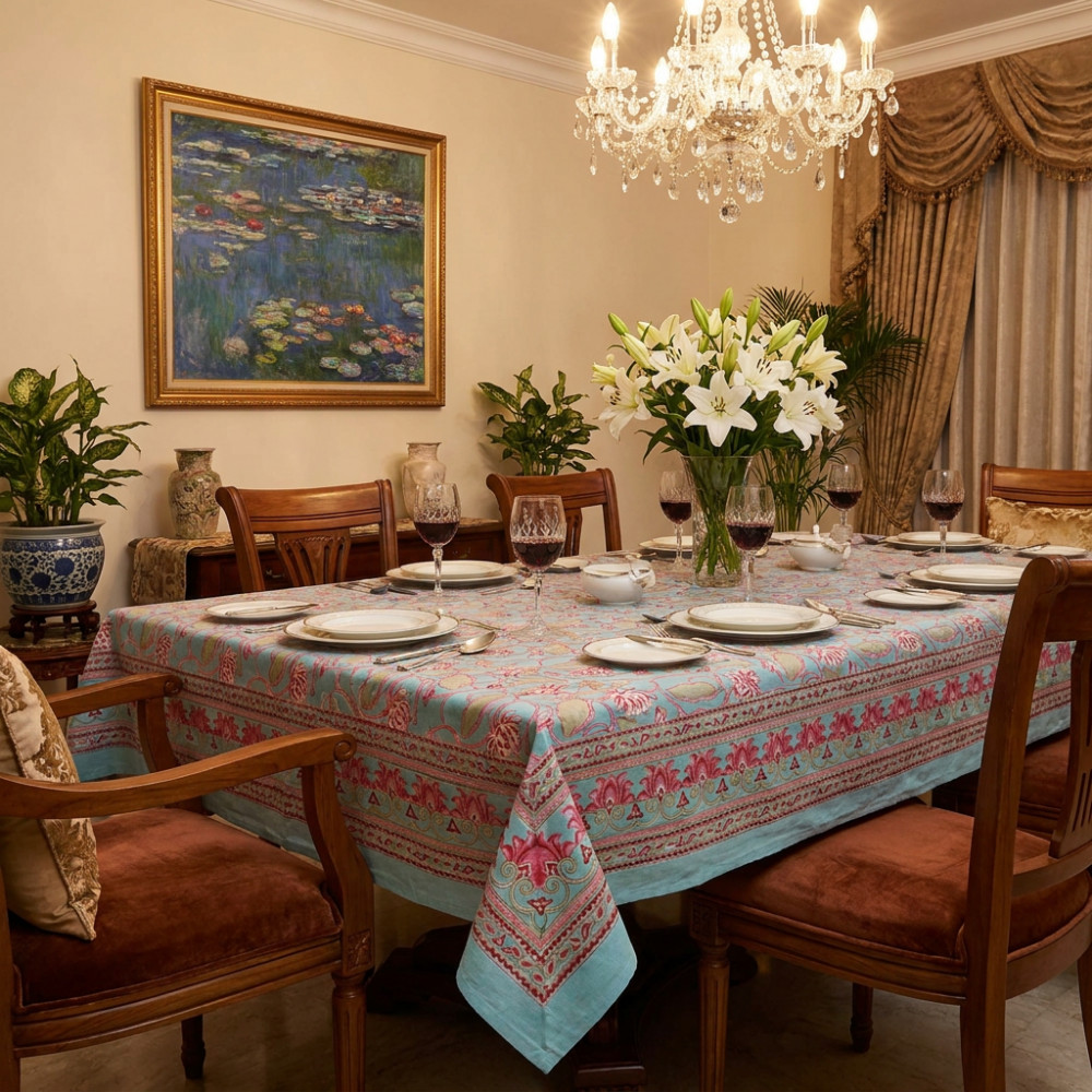 Image of Hand Block Printed Cotton Tablecloth 180x270 | Lotus Lake Jade 202202