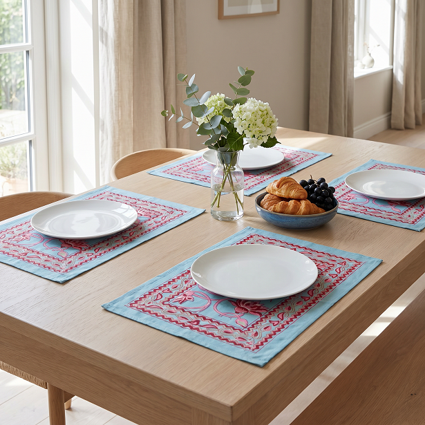 Hand Block Printed Cotton Canvas Table Mat 32x48 cms Set of 2 Table mats Lotus Lake Jade 202202