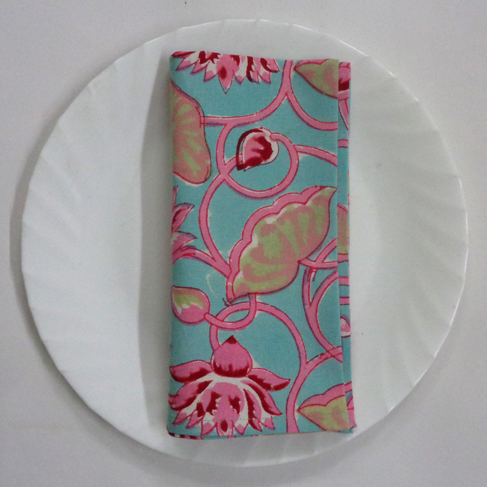 Hand Block Printed Cotton Napkin 45x45 cms Set of 4 Napkins  Lotus Lake Jade 202202