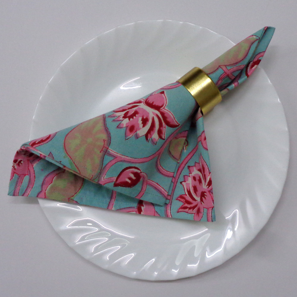 Hand Block Printed Cotton Napkin 45x45 cms Set of 4 Napkins Lotus Lake Jade 202202