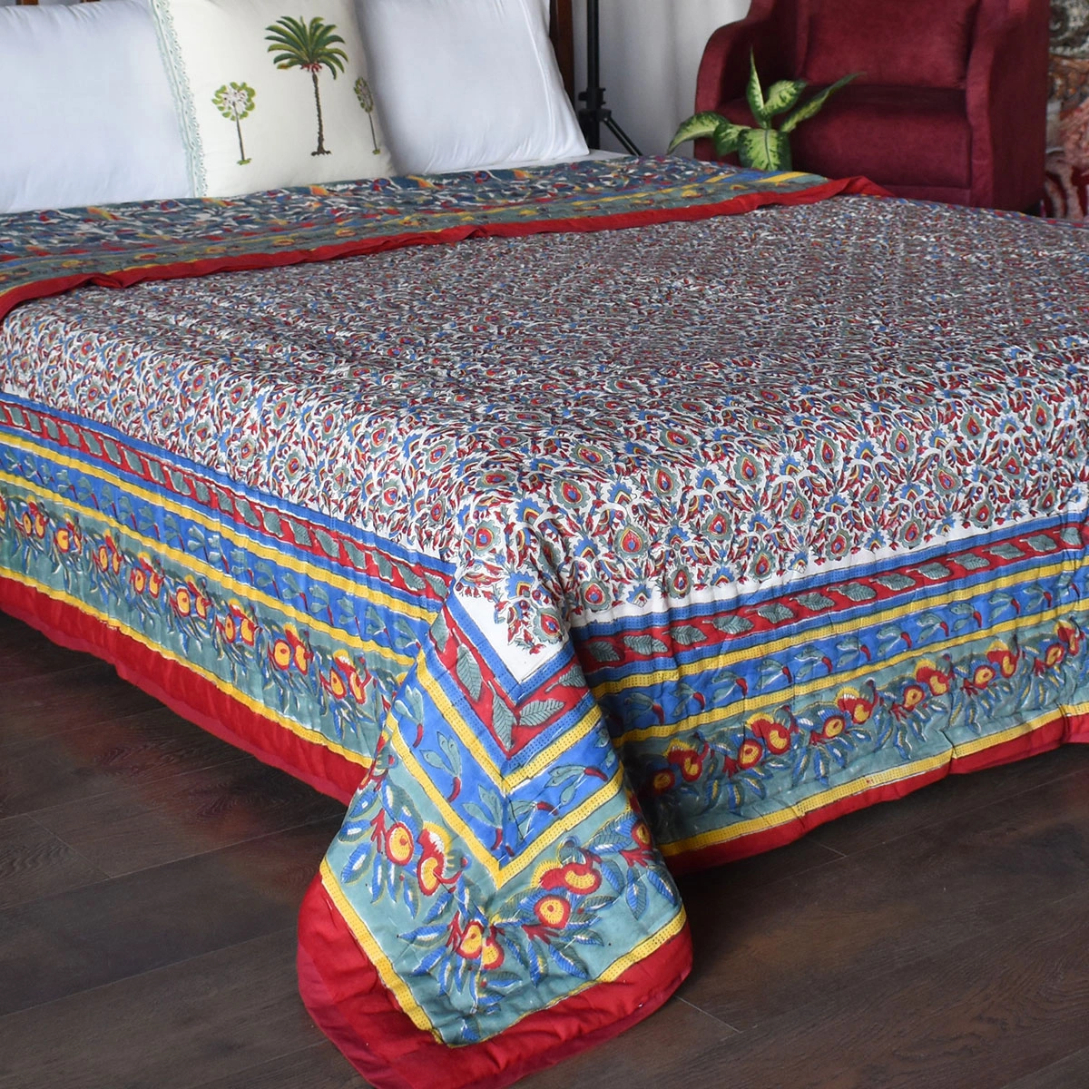 Handmade Block Printed Cotton Queen Quilt Love Bird 302156