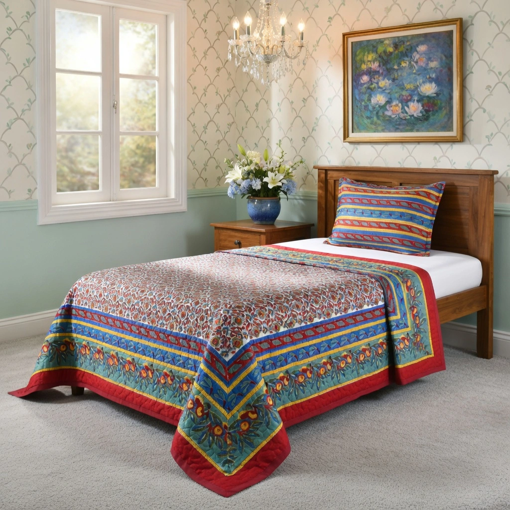 Hand Block Printed Cotton Twin Size Quilt Love Bird 302156