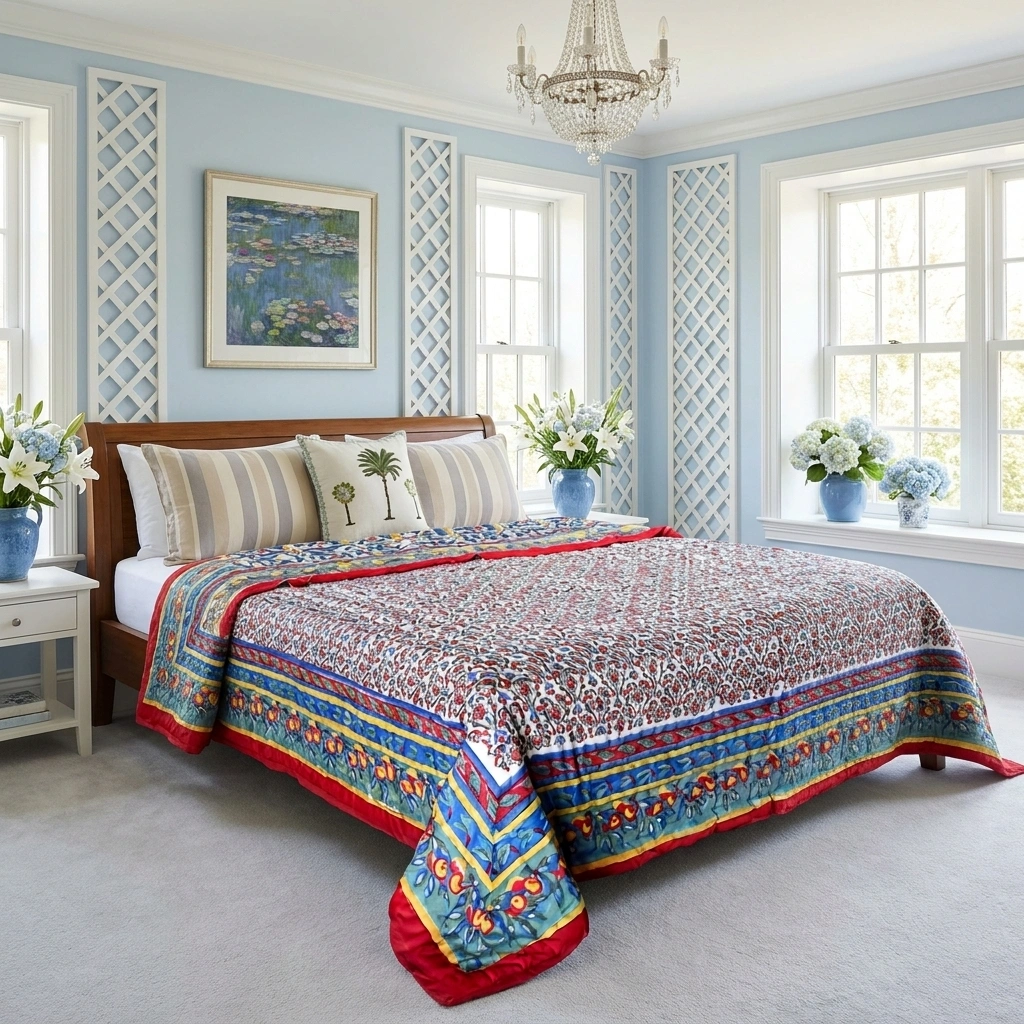 Handmade Block Printed Cotton Queen Quilt Love Bird 302156