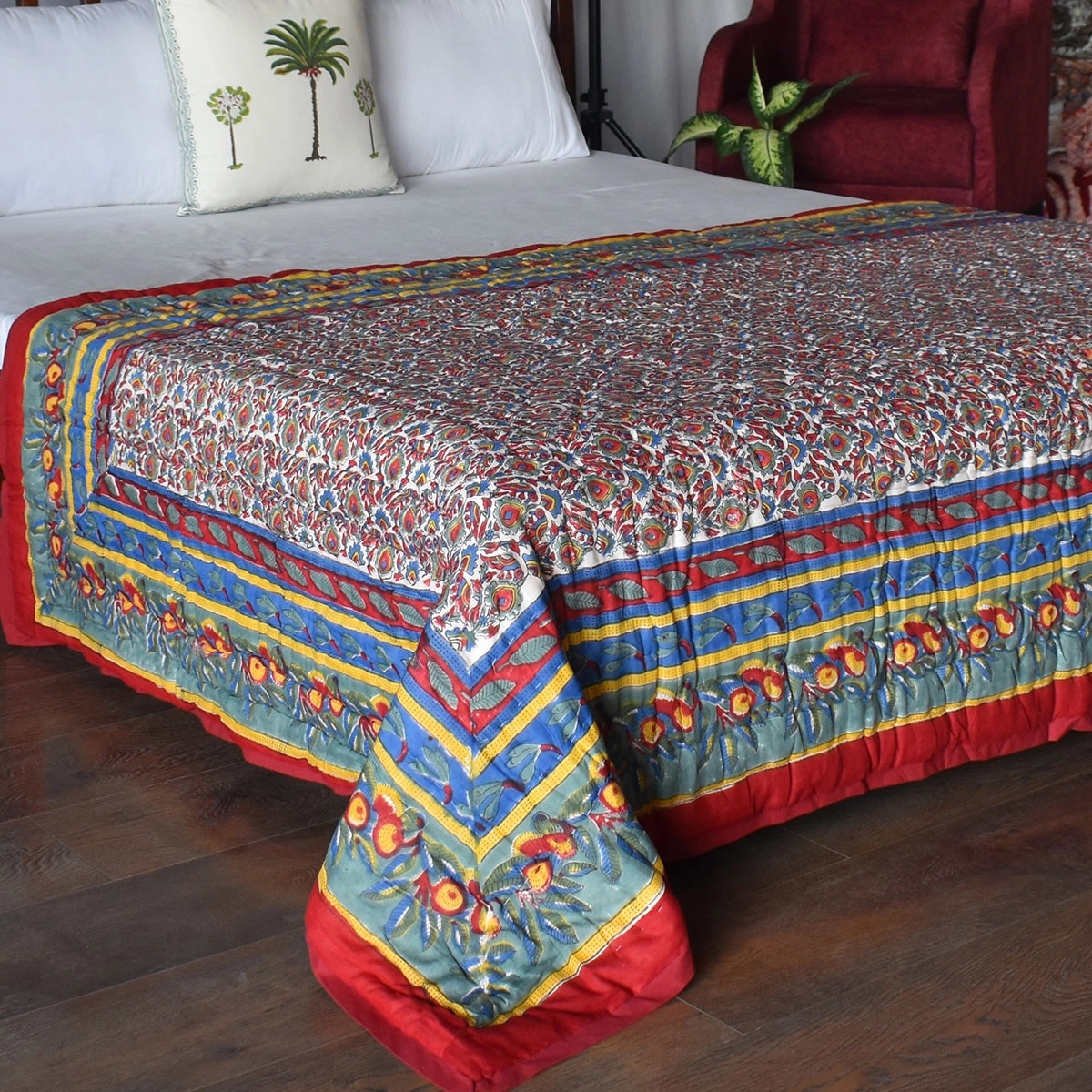 Hand Block Printed Cotton Twin Size Quilt Love Bird 302156