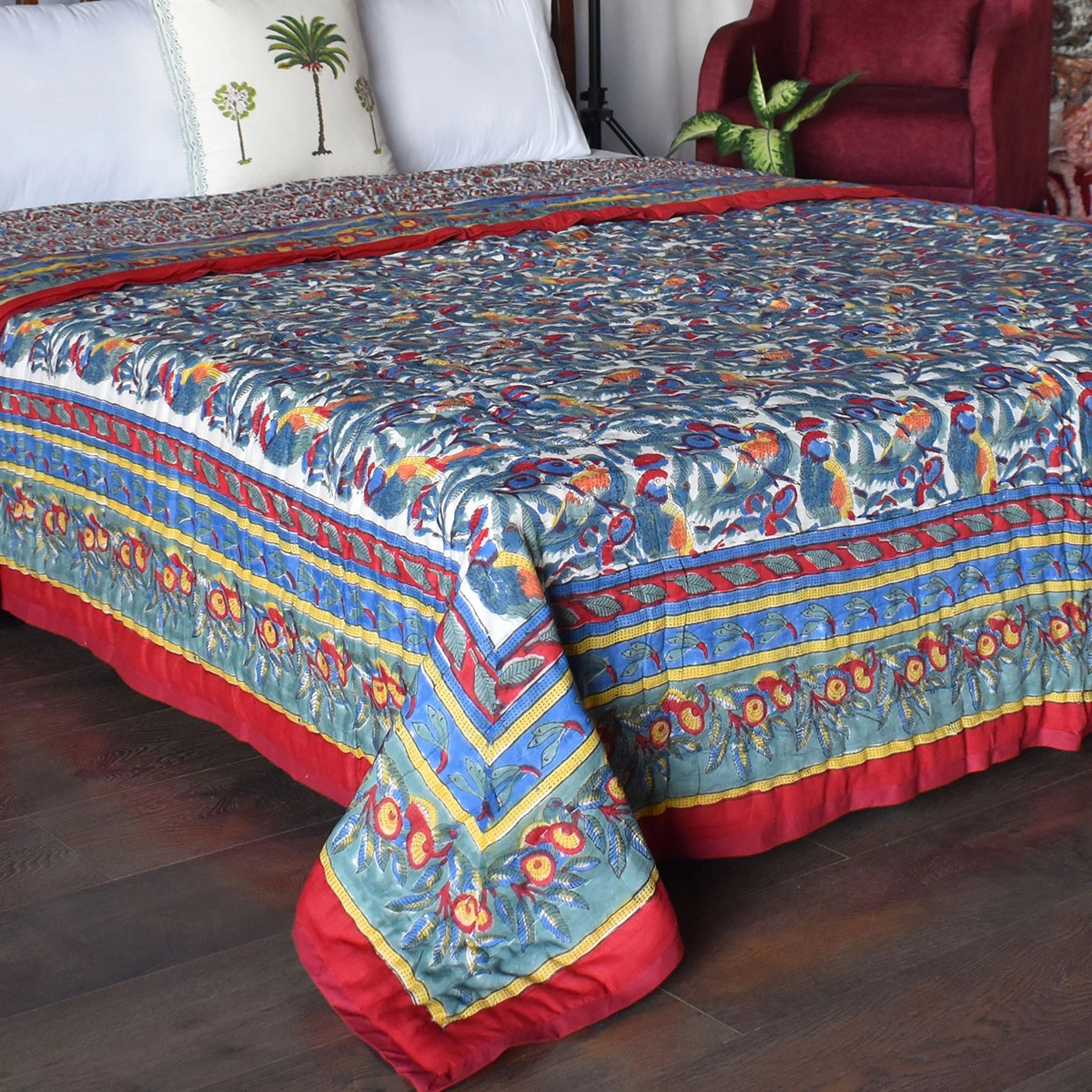 Handmade Block Printed Cotton Queen Quilt Love Bird 302156
