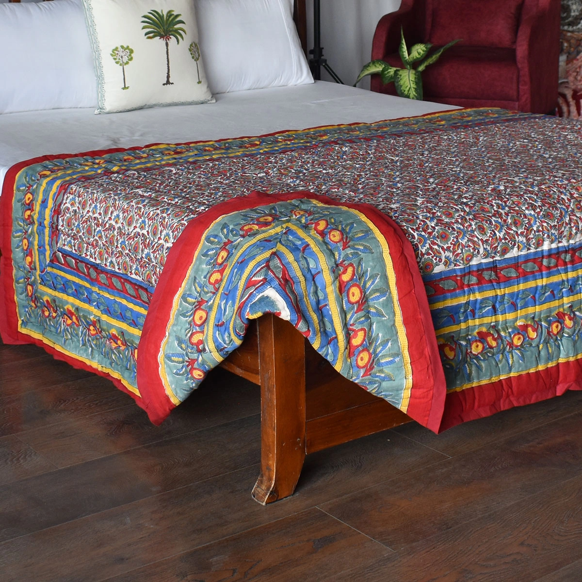 Hand Block Printed Cotton Twin Size Quilt Love Bird 302156
