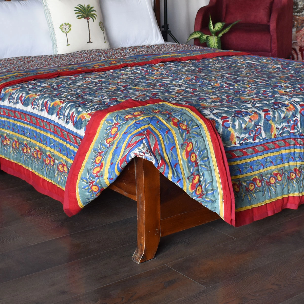 Handmade Block Printed Cotton Queen Quilt Love Bird 302156