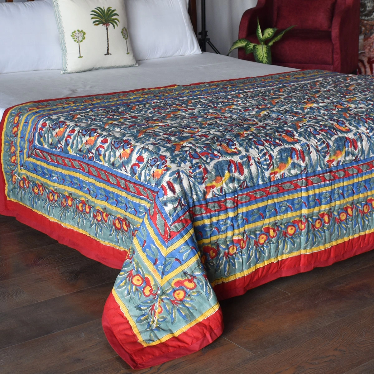 Hand Block Printed Cotton Twin Size Quilt Love Bird 302156