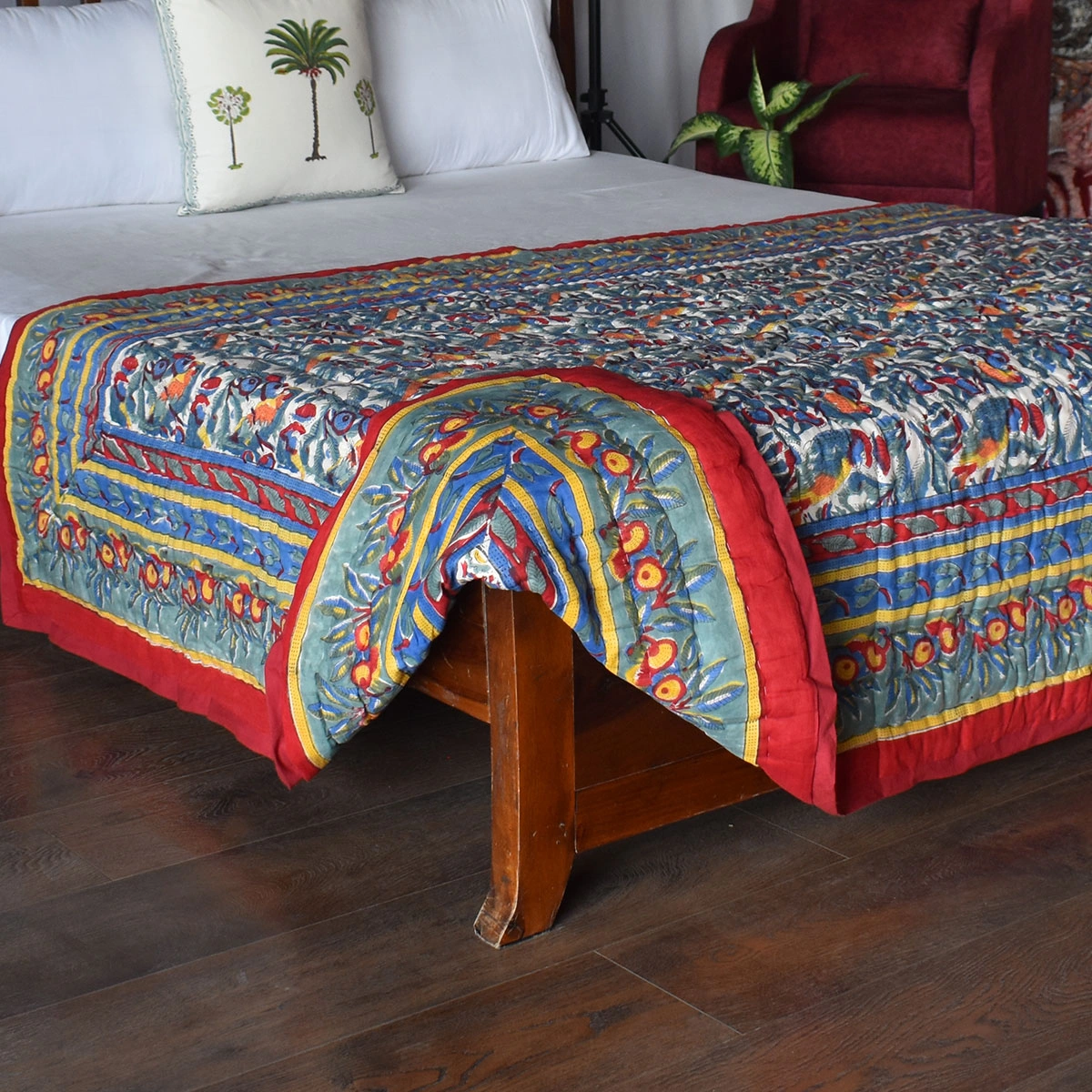 Hand Block Printed Cotton Twin Size Quilt Love Bird 302156