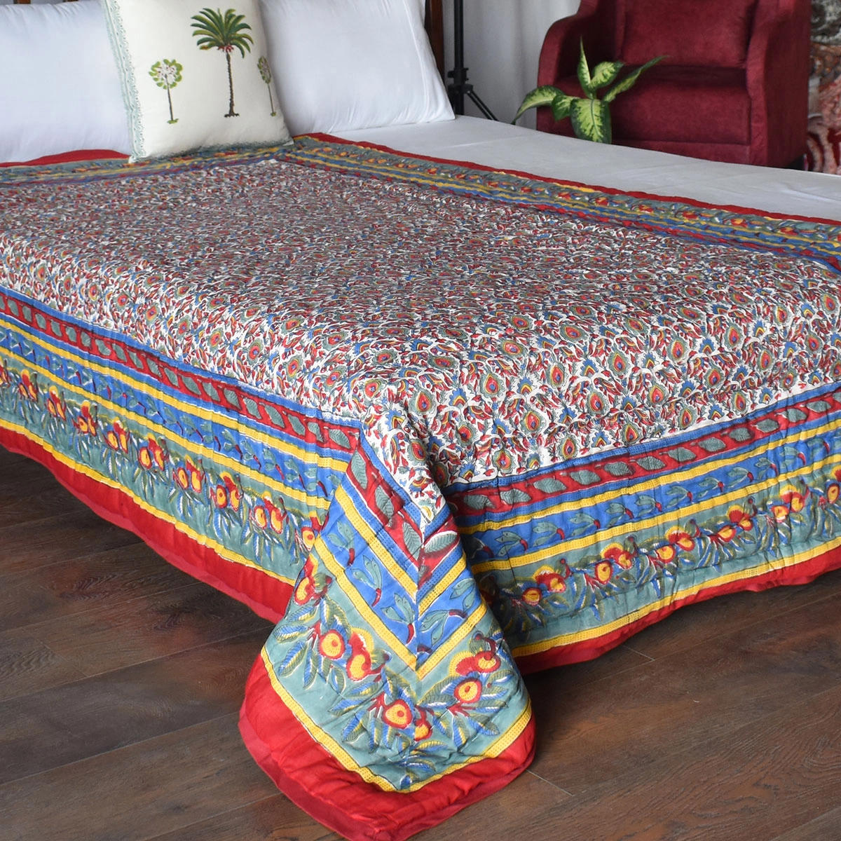 Hand Block Printed Cotton Twin Size Quilt Love Bird 302156