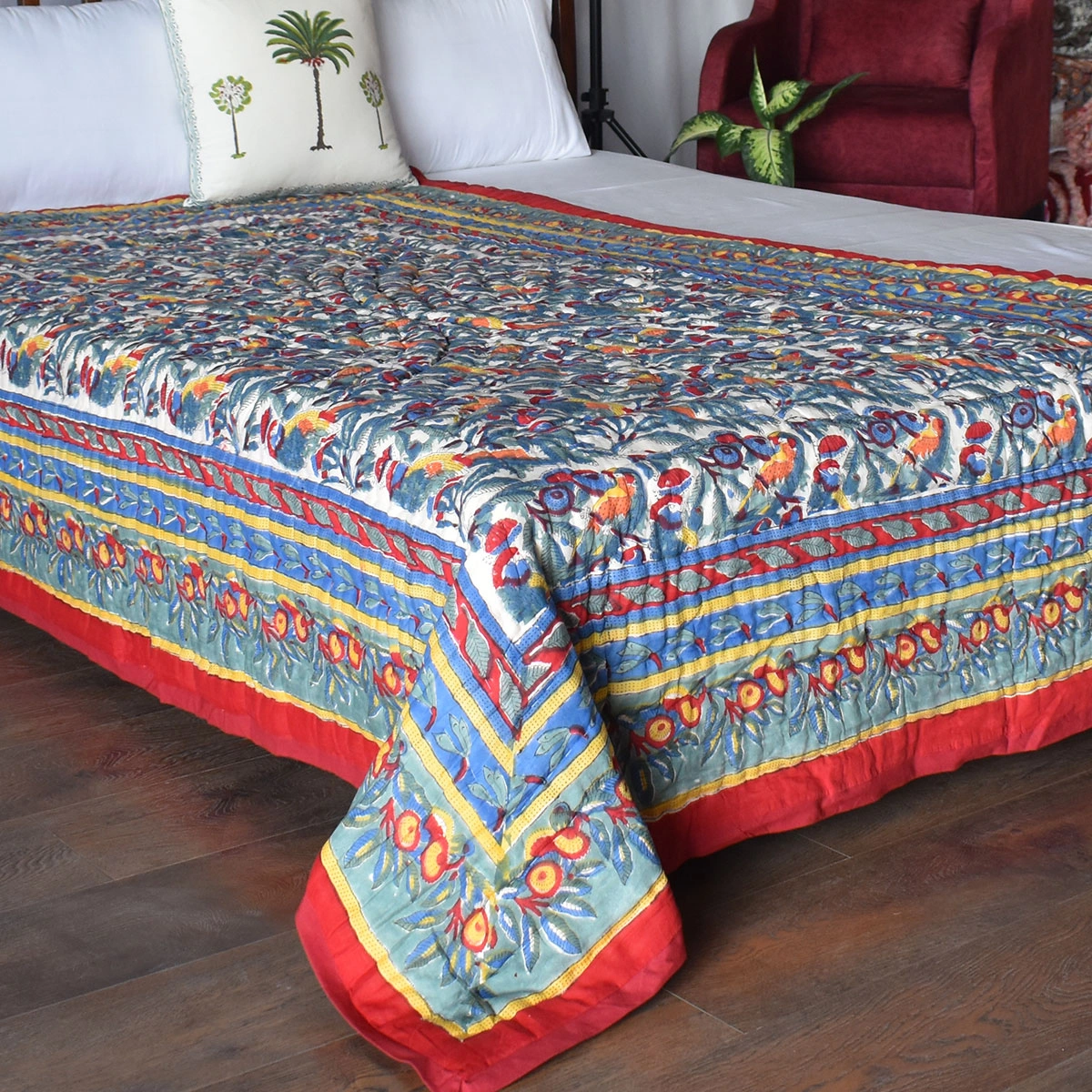 Hand Block Printed Cotton Twin Size Quilt Love Bird 302156