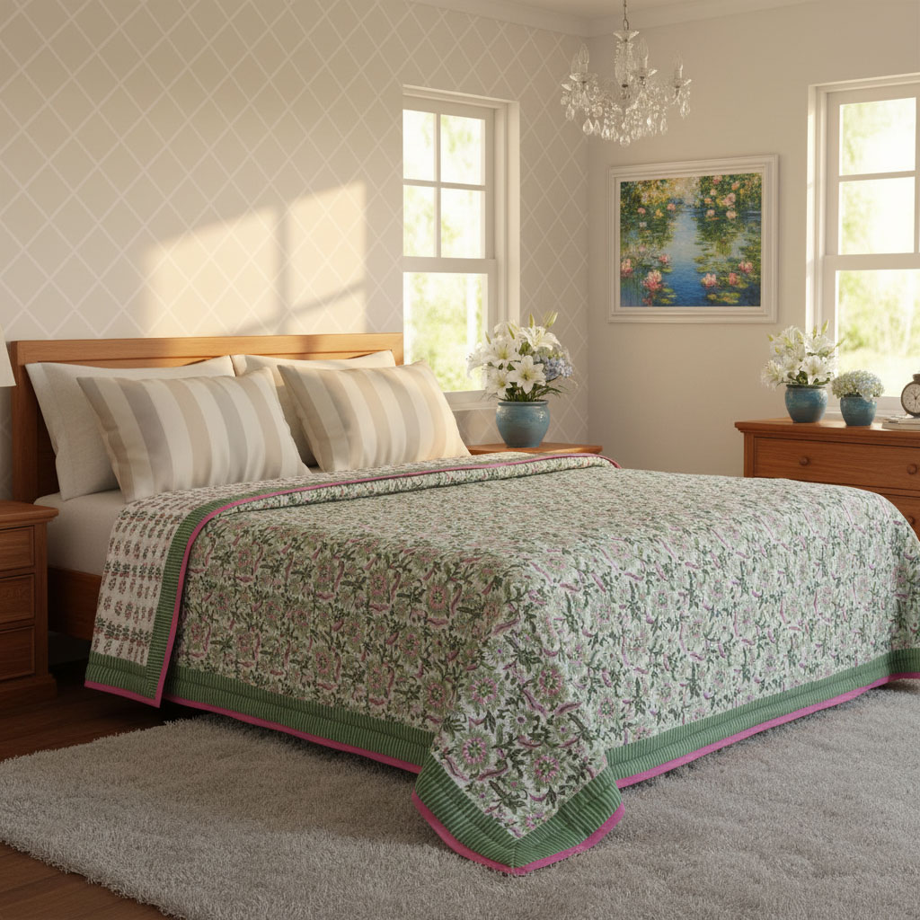 Hand Block Printed Cotton King Size Quilt Madhubala Green 202526