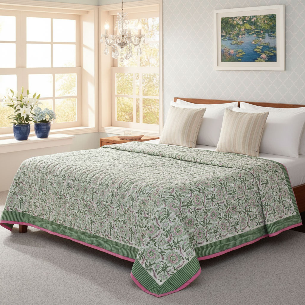 Hand Block Printed Cotton Twin Size Quilt  Madhubala Green 202526