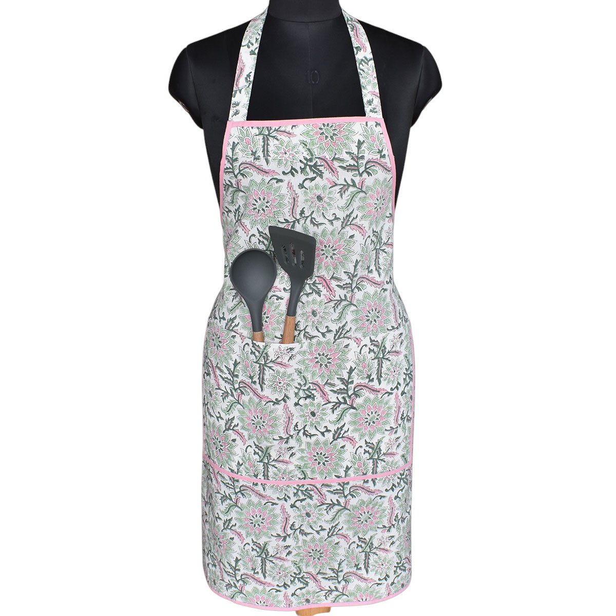 Indian Block-Printed 100 Cotton Apron  Madhubala Green 202526