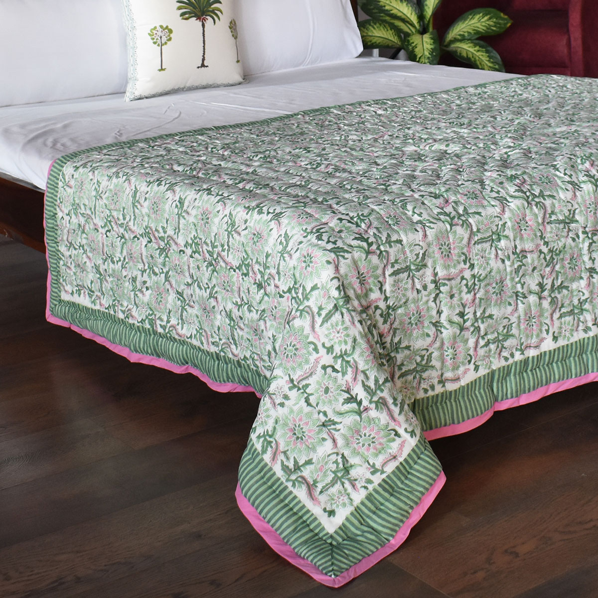 Hand Block Printed Cotton Twin Size Quilt Madhubala Green 202526