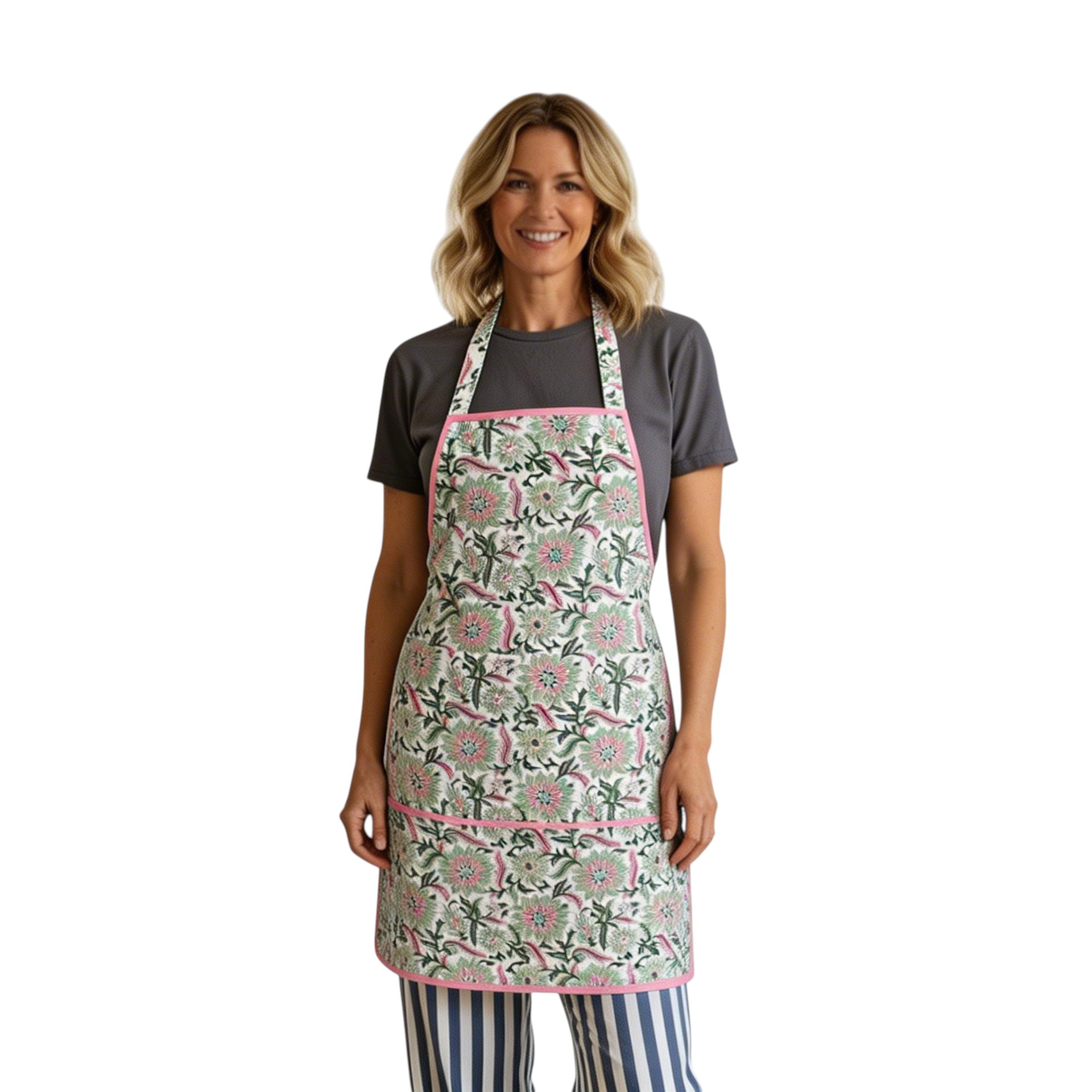 Indian Block-Printed 100 Cotton Apron  Madhubala Green 202526