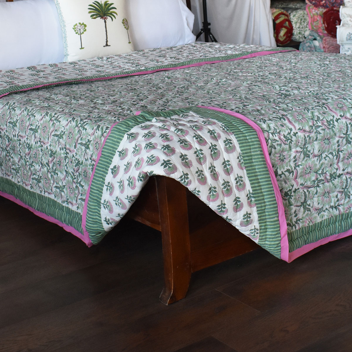 Hand Block Printed Cotton King Size Quilt Madhubala Green 202526