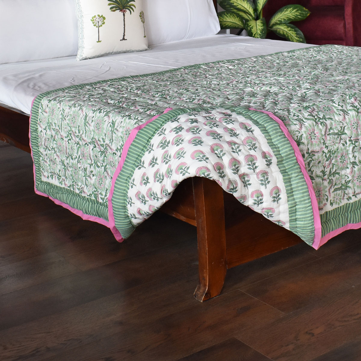 Hand Block Printed Cotton Twin Size Quilt  Madhubala Green 202526