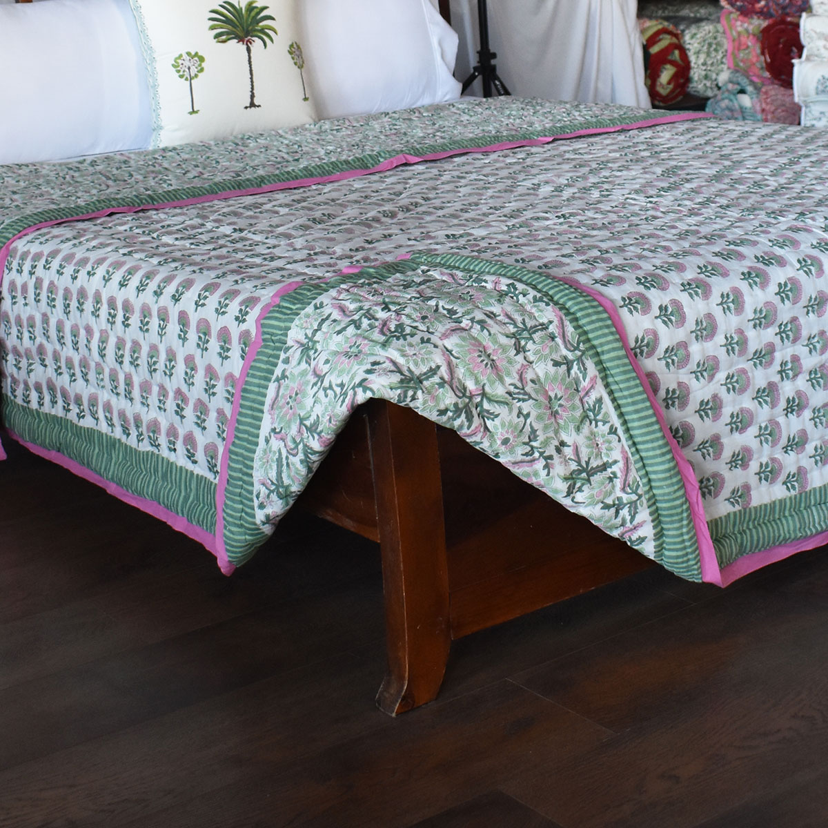 Hand Block Printed Cotton King Size Quilt Madhubala Green 202526