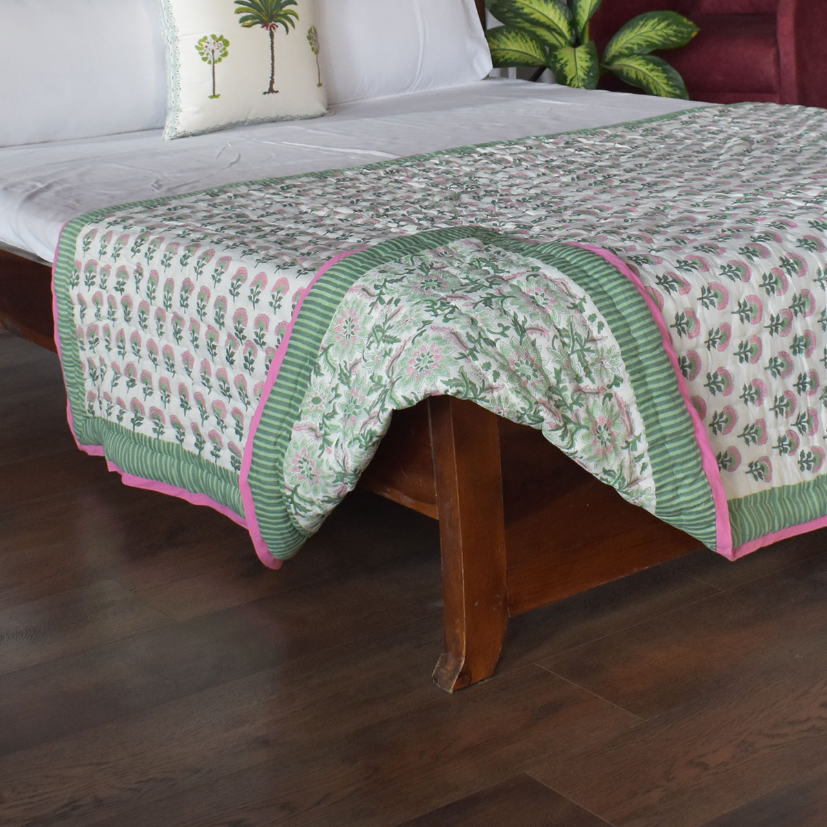 Hand Block Printed Cotton Twin Size Quilt Madhubala Green 202526