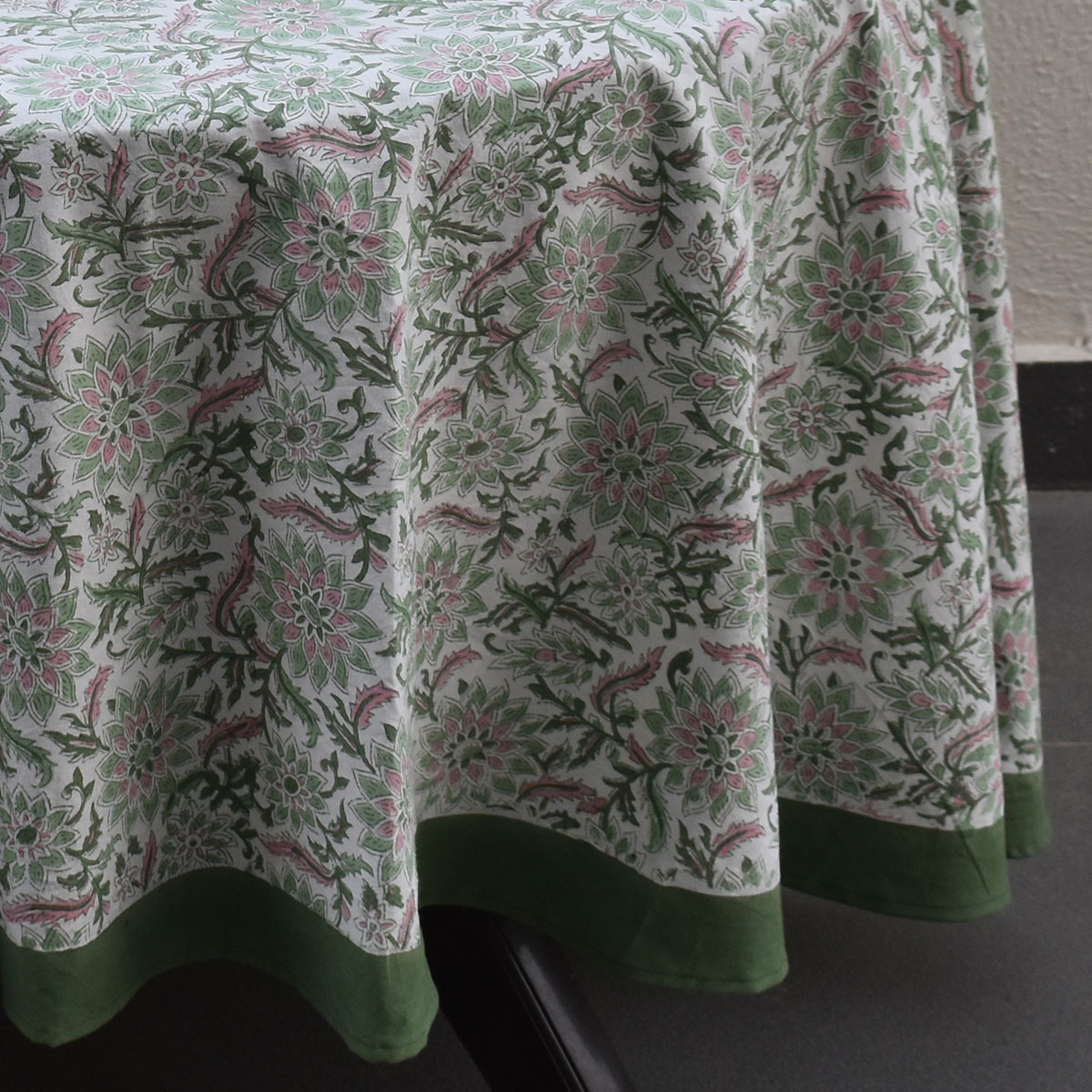 Round 220 cms Cotton French Design Table Cover  Madhubala Green 202526