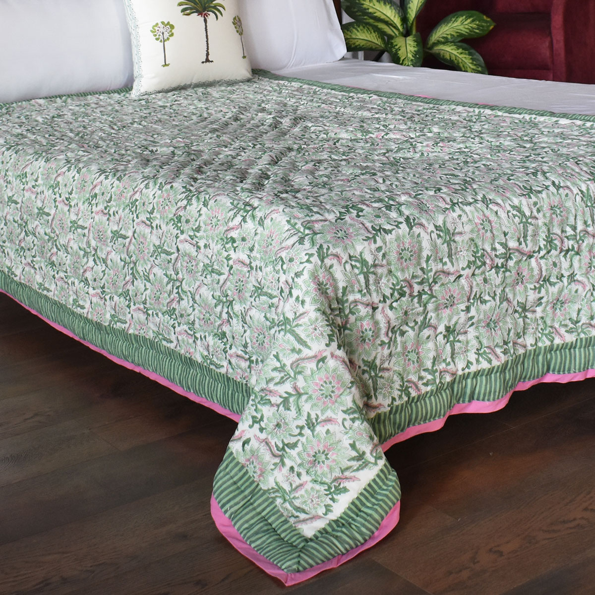 Hand Block Printed Cotton Twin Size Quilt Madhubala Green 202526