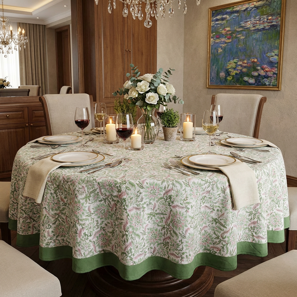 Round 220 cms Cotton French Design Table Cover  Madhubala Green 202526