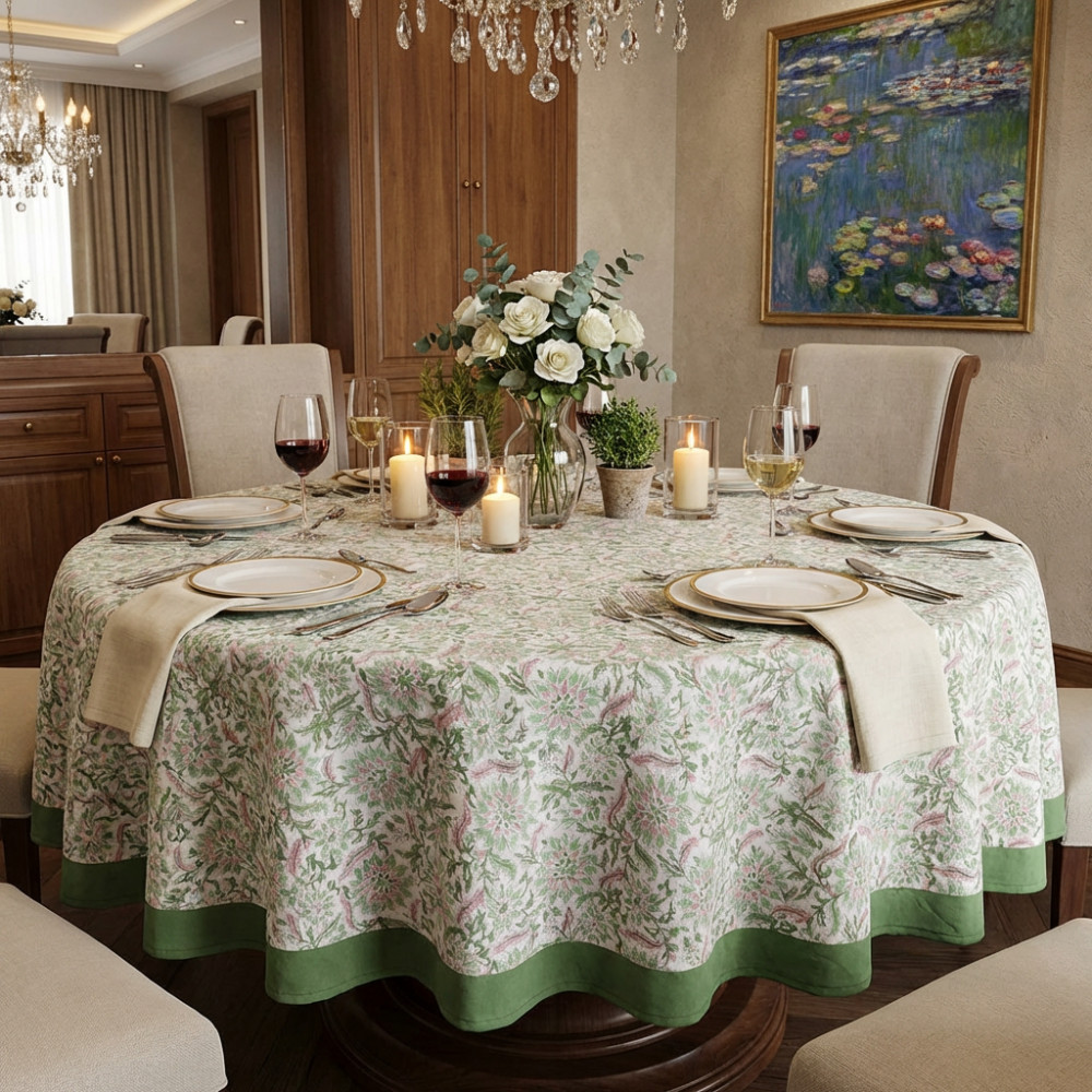 Image of Round 220 cms Cotton French Design Table Cover | Madhubala Green 202526