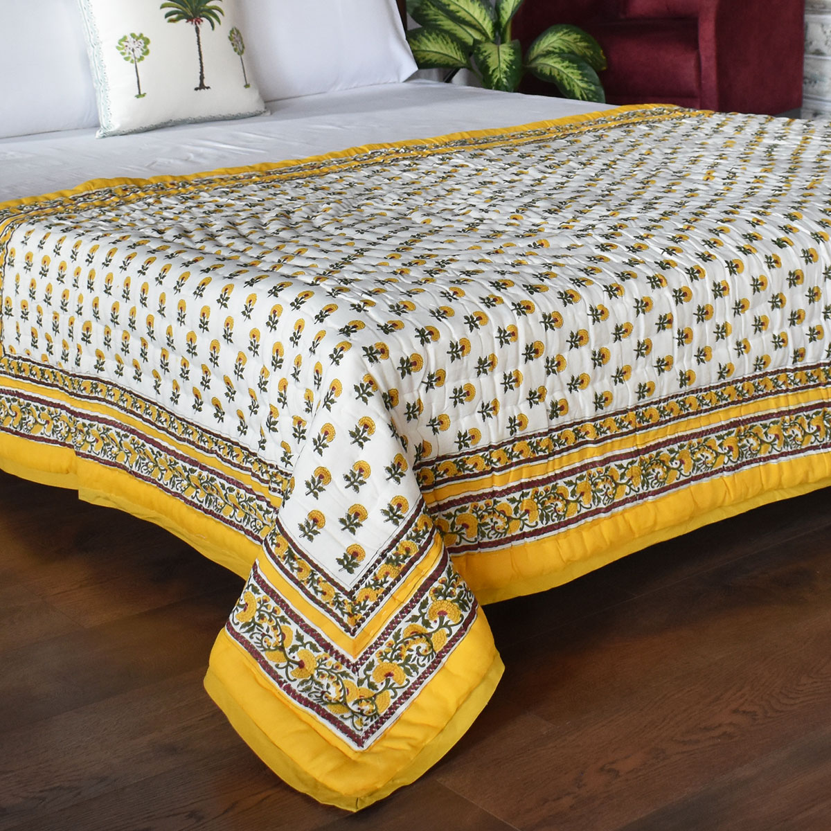 Hand Block Printed Cotton Twin Size Quilt Marigold Booti Mustard 102044