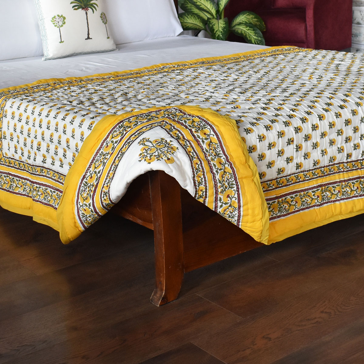Hand Block Printed Cotton Twin Size Quilt Marigold Booti Mustard 102044