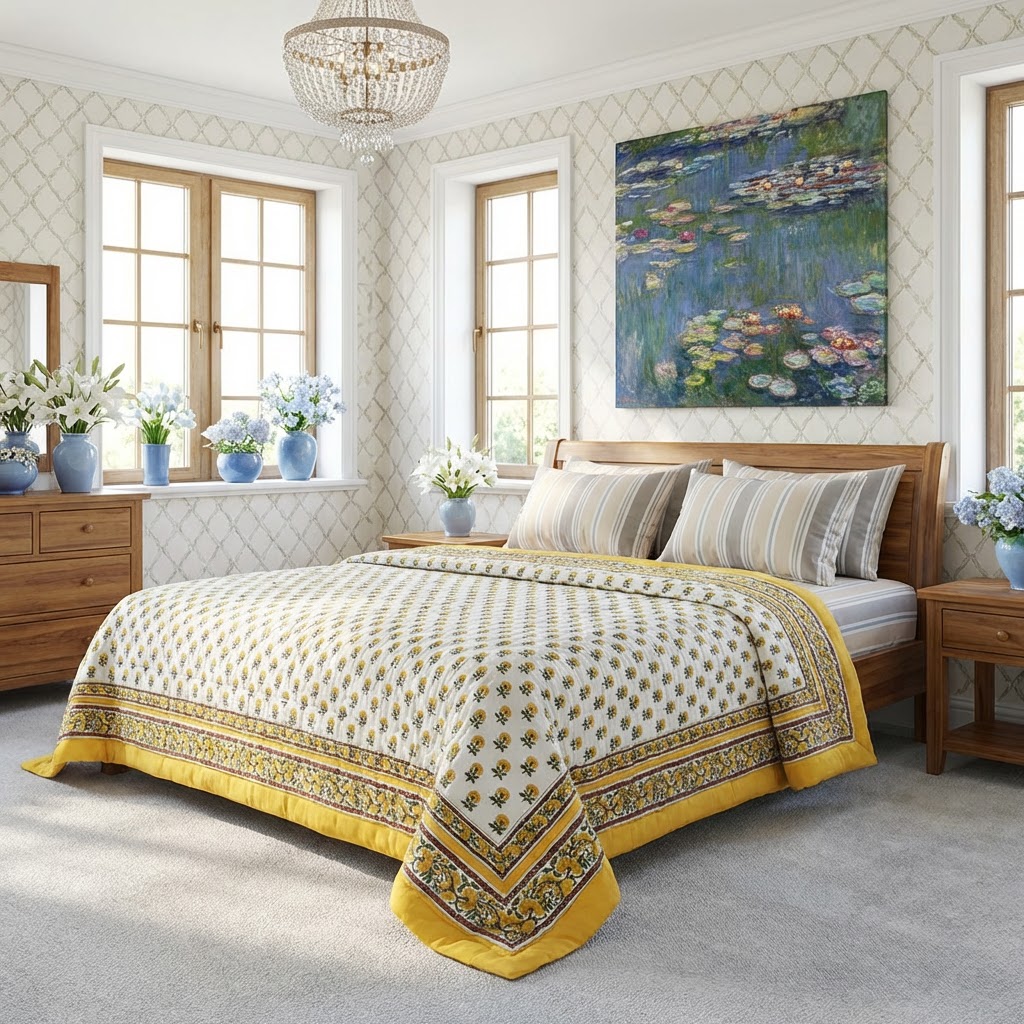 Hand Block Printed Cotton Twin Size Quilt  Marigold Booti Mustard 102044