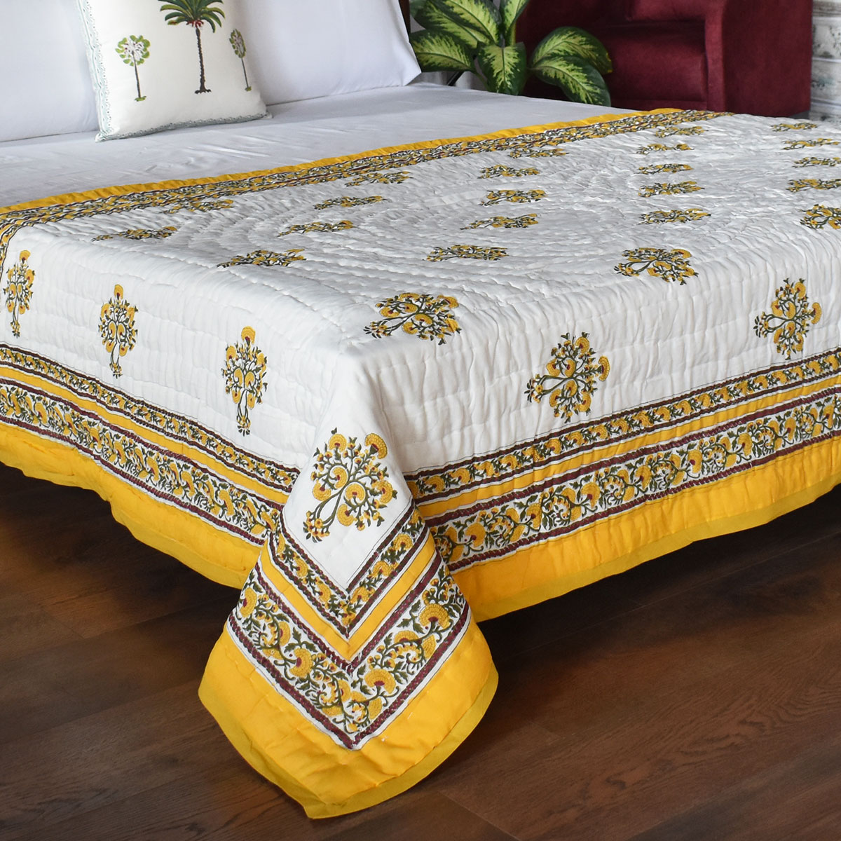 Hand Block Printed Cotton Twin Size Quilt Marigold Booti Mustard 102044