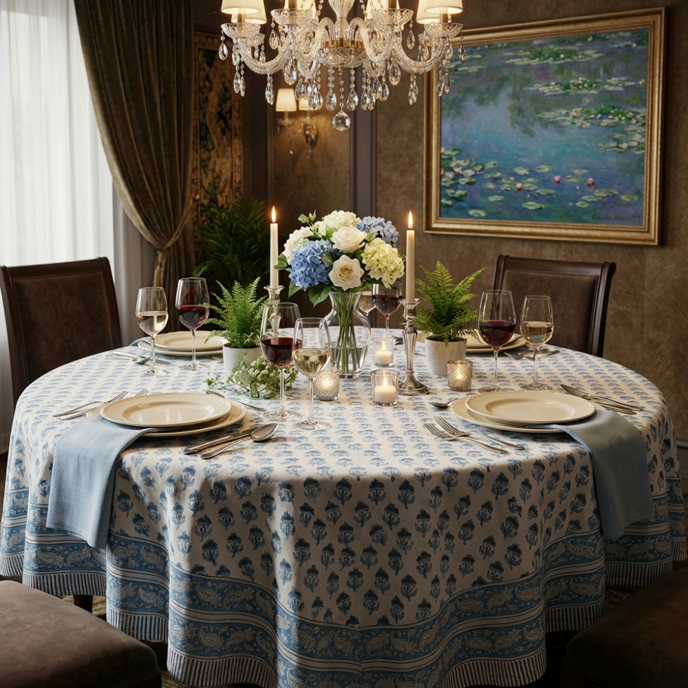 Image of Hand Block Printed Cotton Round Tablecloth 180 cms | Marigold Teal 230514