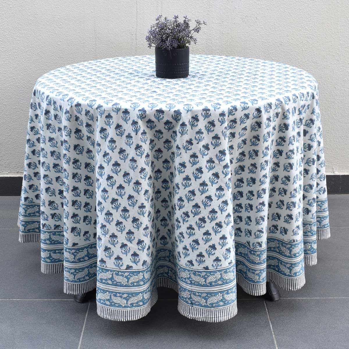 Hand Block Printed Cotton Round Tablecloth 220 cms Marigold Teal 230514