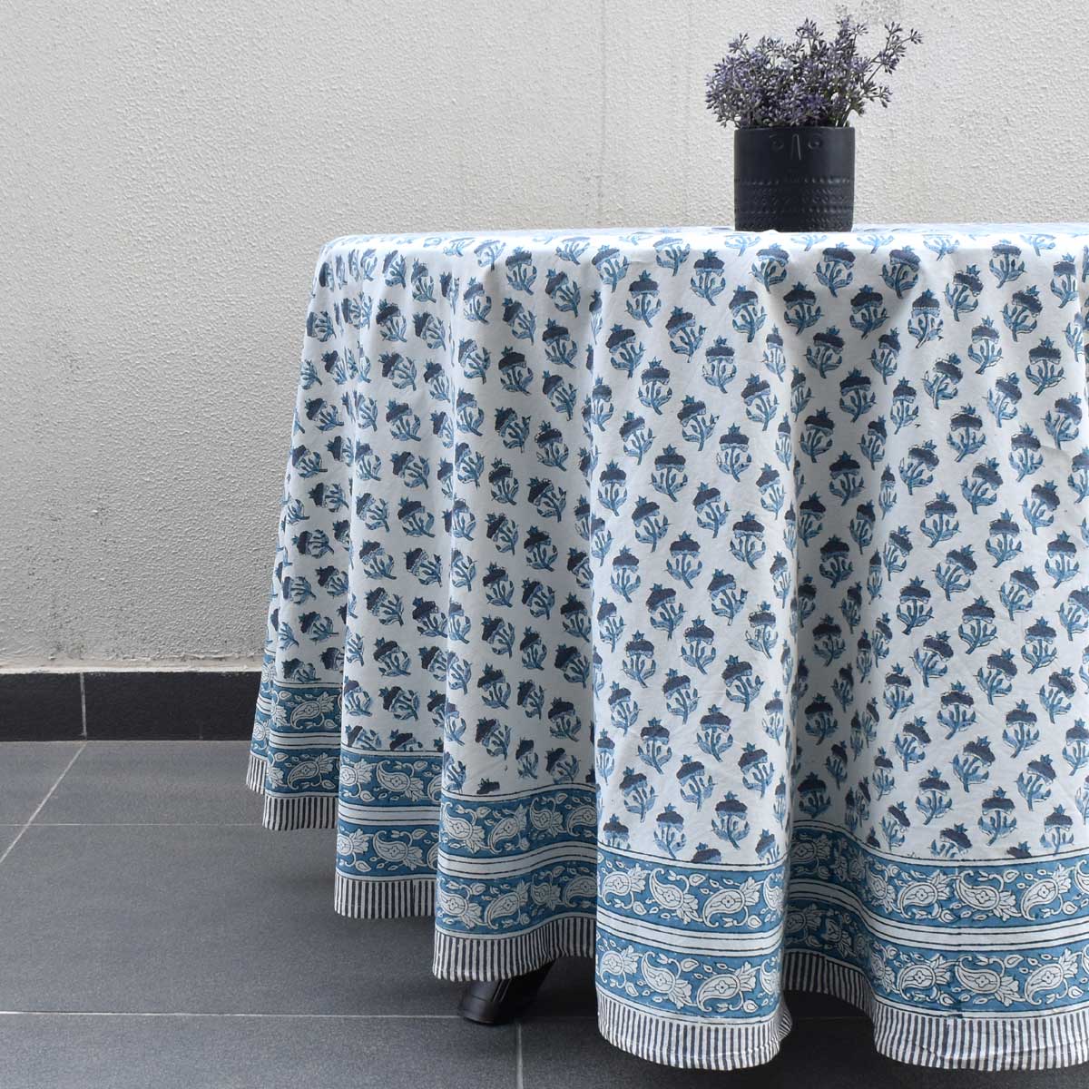 Hand Block Printed Cotton Round Tablecloth 220 cms Marigold Teal 230514