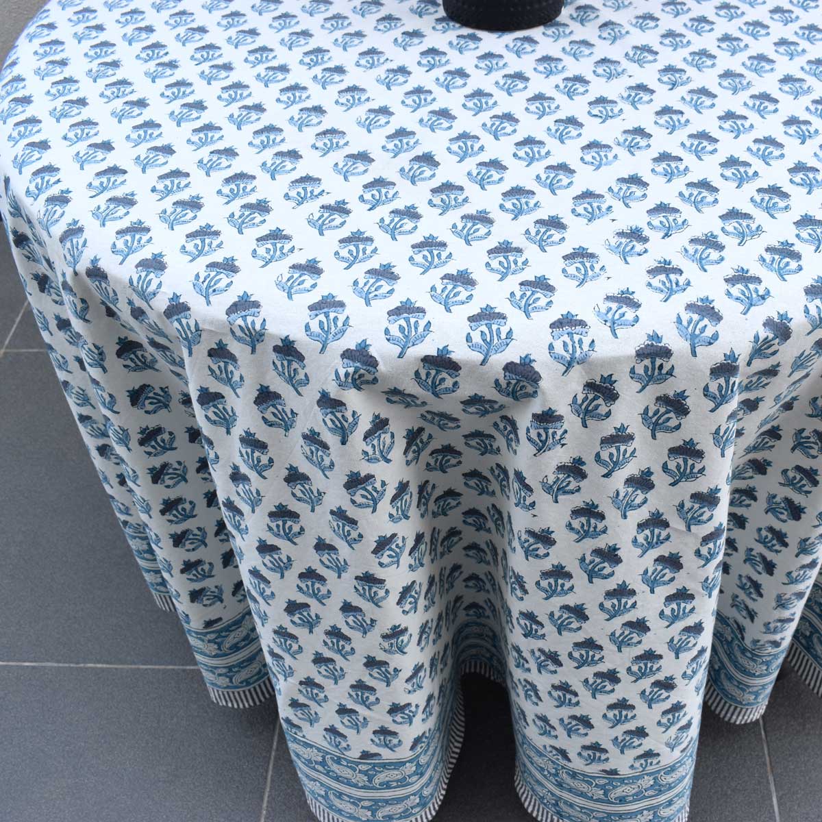 Hand Block Printed Cotton Round Tablecloth 220 cms Marigold Teal 230514