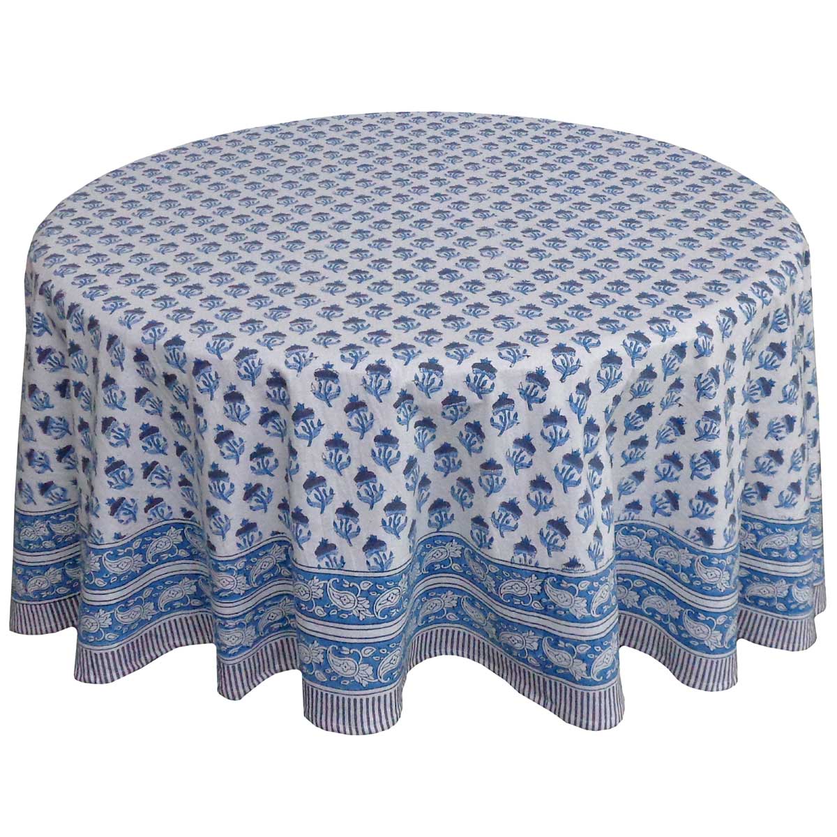 Hand Block Printed Cotton Round Tablecloth 180 cms Marigold Teal 230514