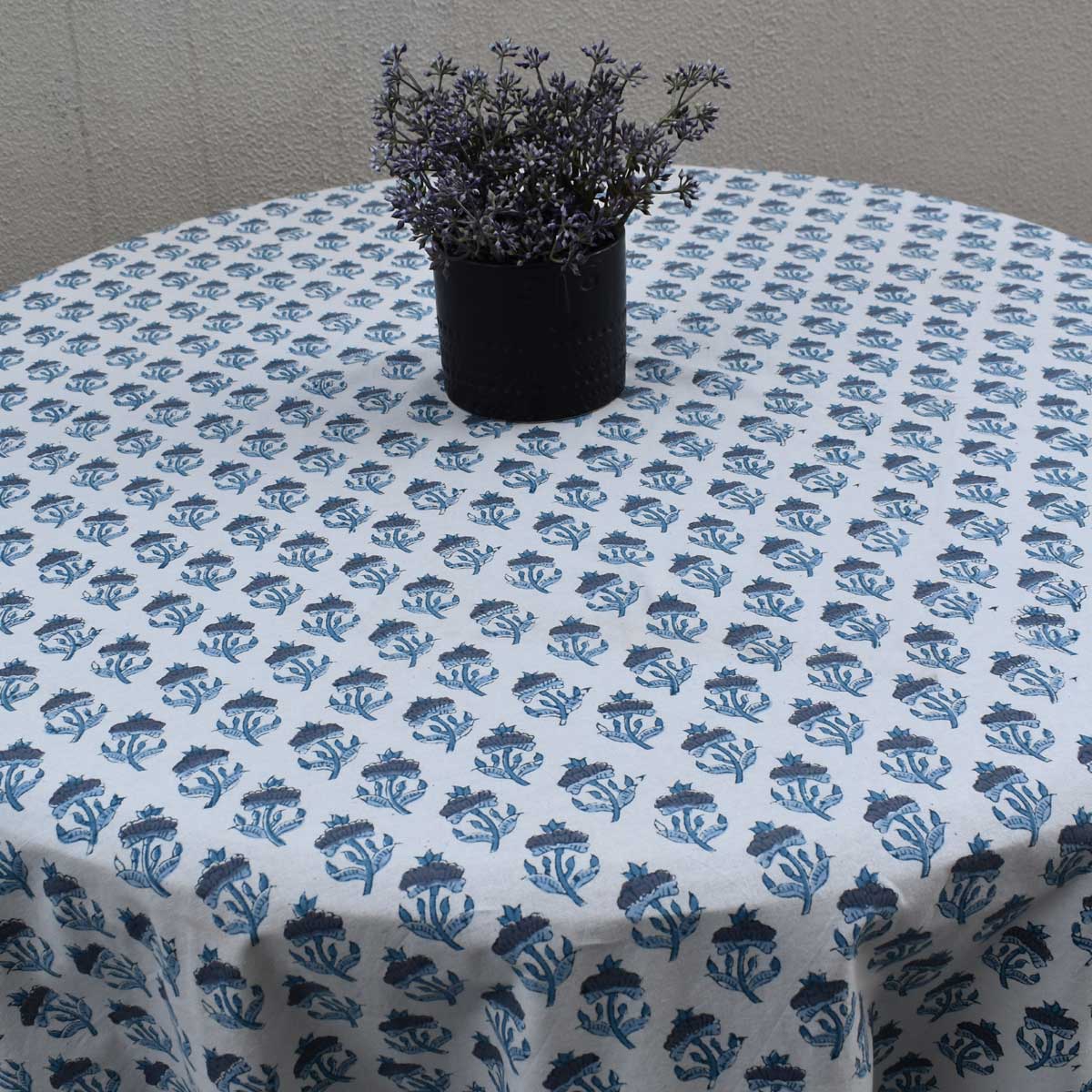 Hand Block Printed Cotton Round Tablecloth 220 cms Marigold Teal 230514
