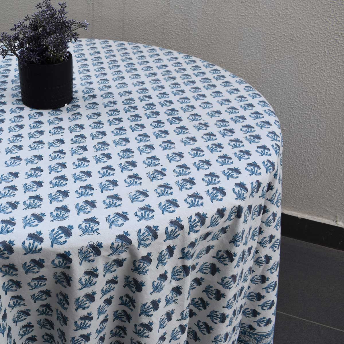 Hand Block Printed Cotton Round Tablecloth 220 cms Marigold Teal 230514