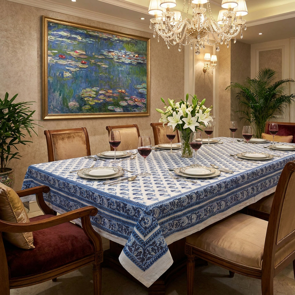 Hand Block Printed Cotton Tablecloth 180x340 cms Marigold Teal 230514