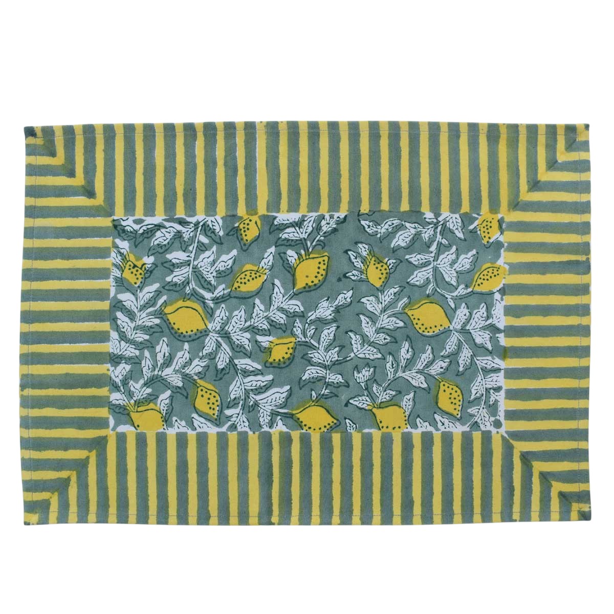 Hand Block Printed Cotton Canvas Table Mat 32x48 cms Set of 2 Table mats Lemon Green 202405
