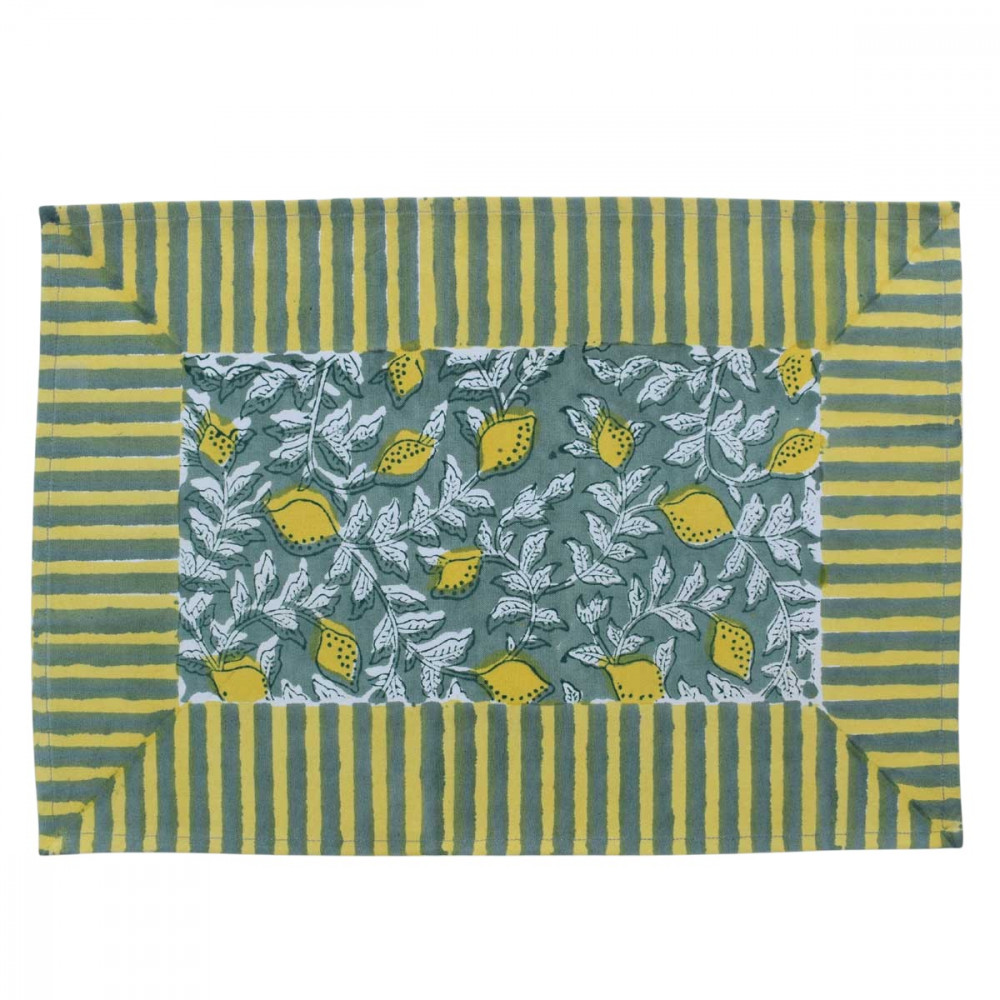 Image of Hand Block Printed Cotton Canvas Table Mat 32x48 cms (Set of 2 Table mats) | Lemon Green 202405