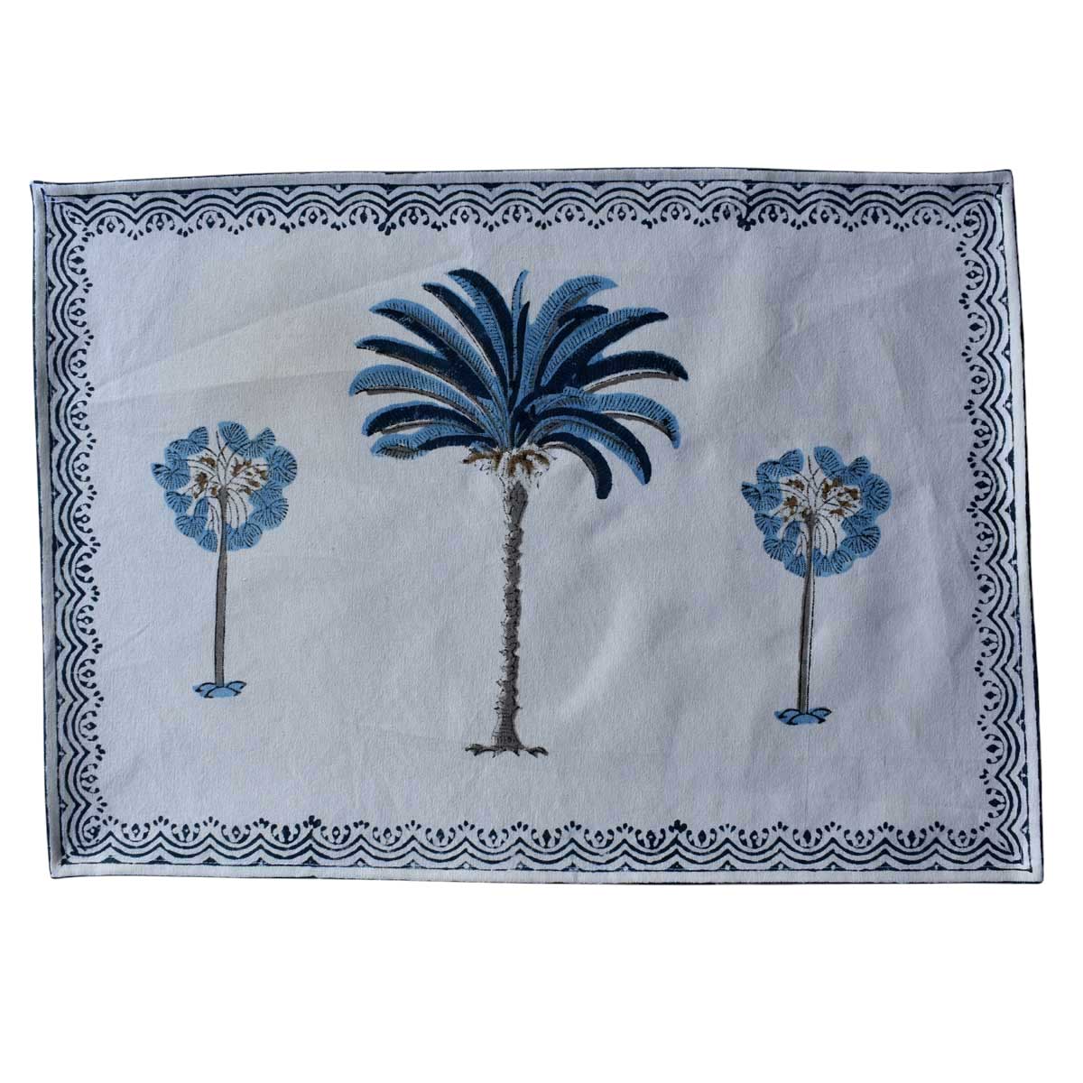Hand Block Printed Cotton Canvas Table Mat 32x48 cms Set of 2 Table mats Palm Tree Blue 202087