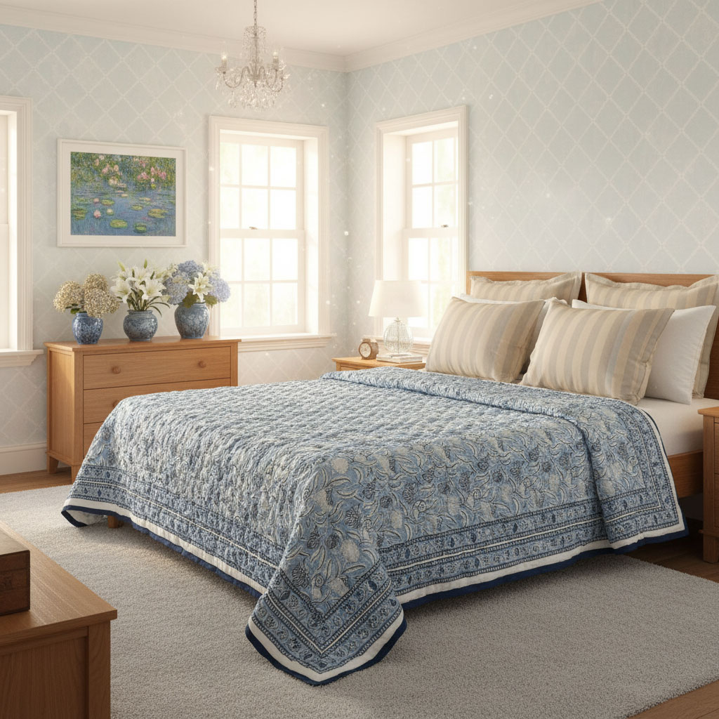 Hand Block Printed Cotton Twin Size Quilt Meadow Song Blue 202513