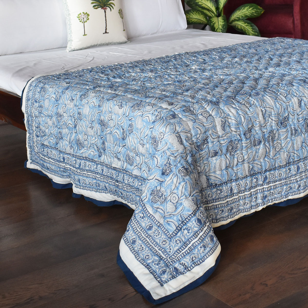 Hand Block Printed Cotton Twin Size Quilt Meadow Song Blue 202513