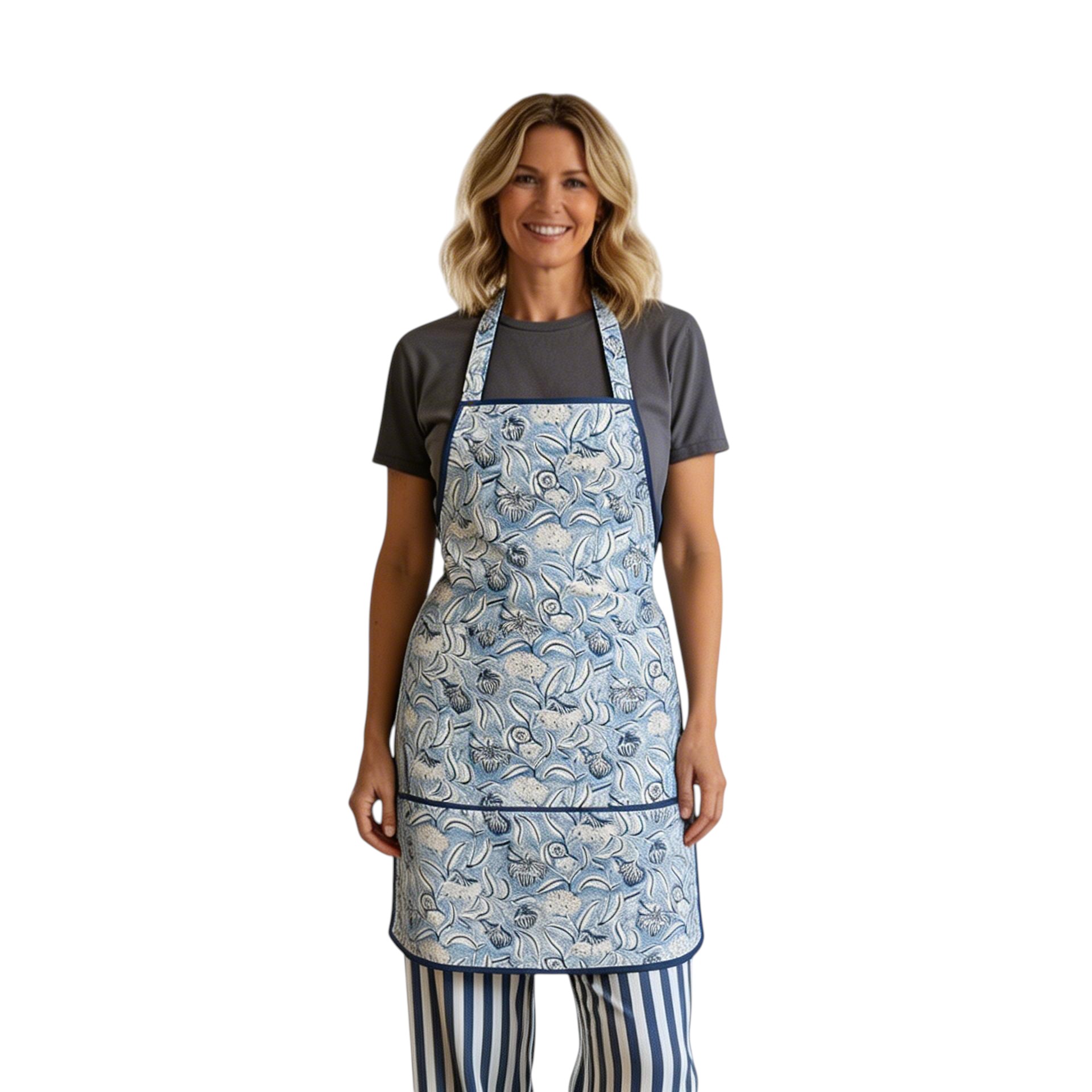 Indian Block-Printed 100 Cotton Apron Meadow Song Blue 202513