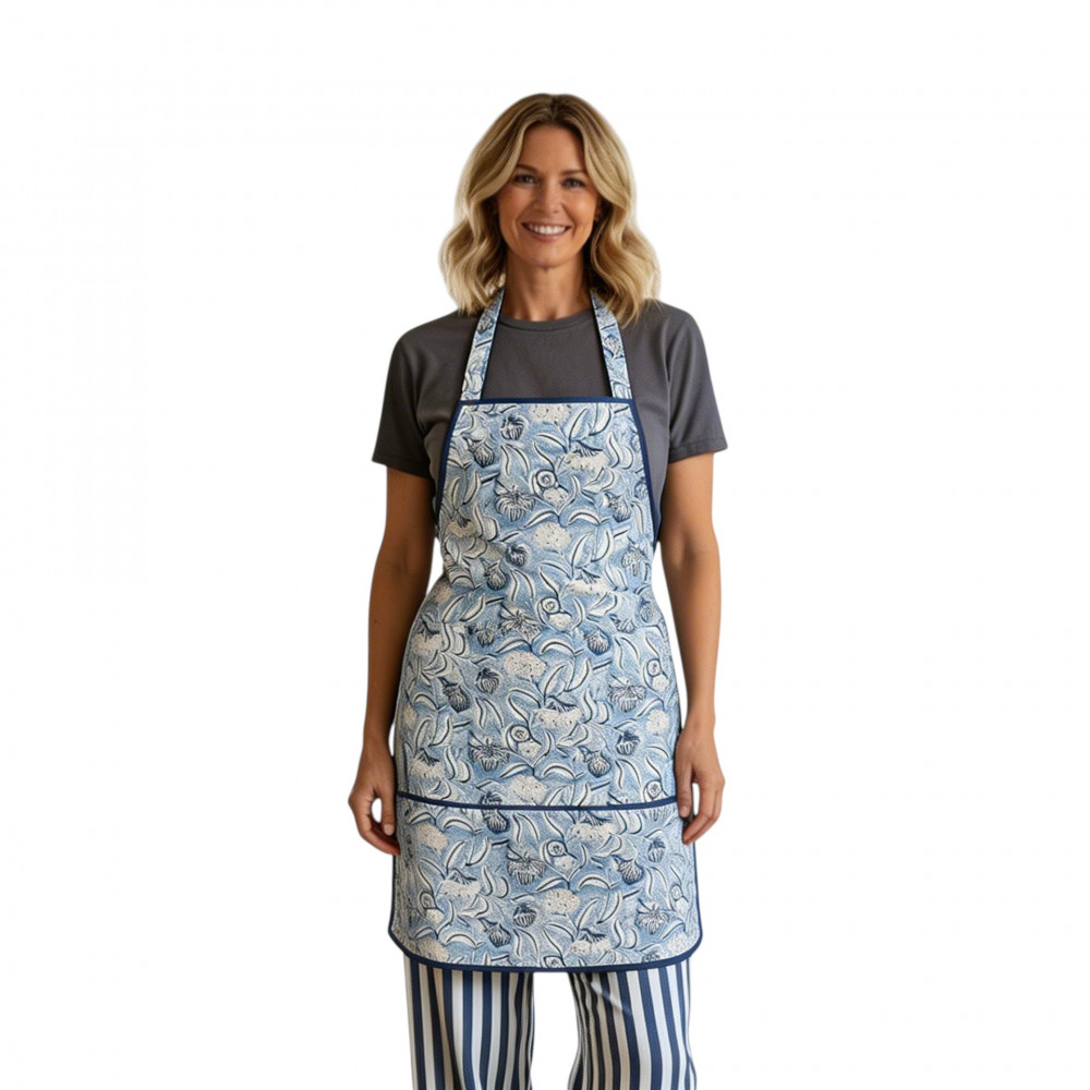 Image of Indian Block-Printed 100% Cotton Apron | Meadow Song Blue 202513