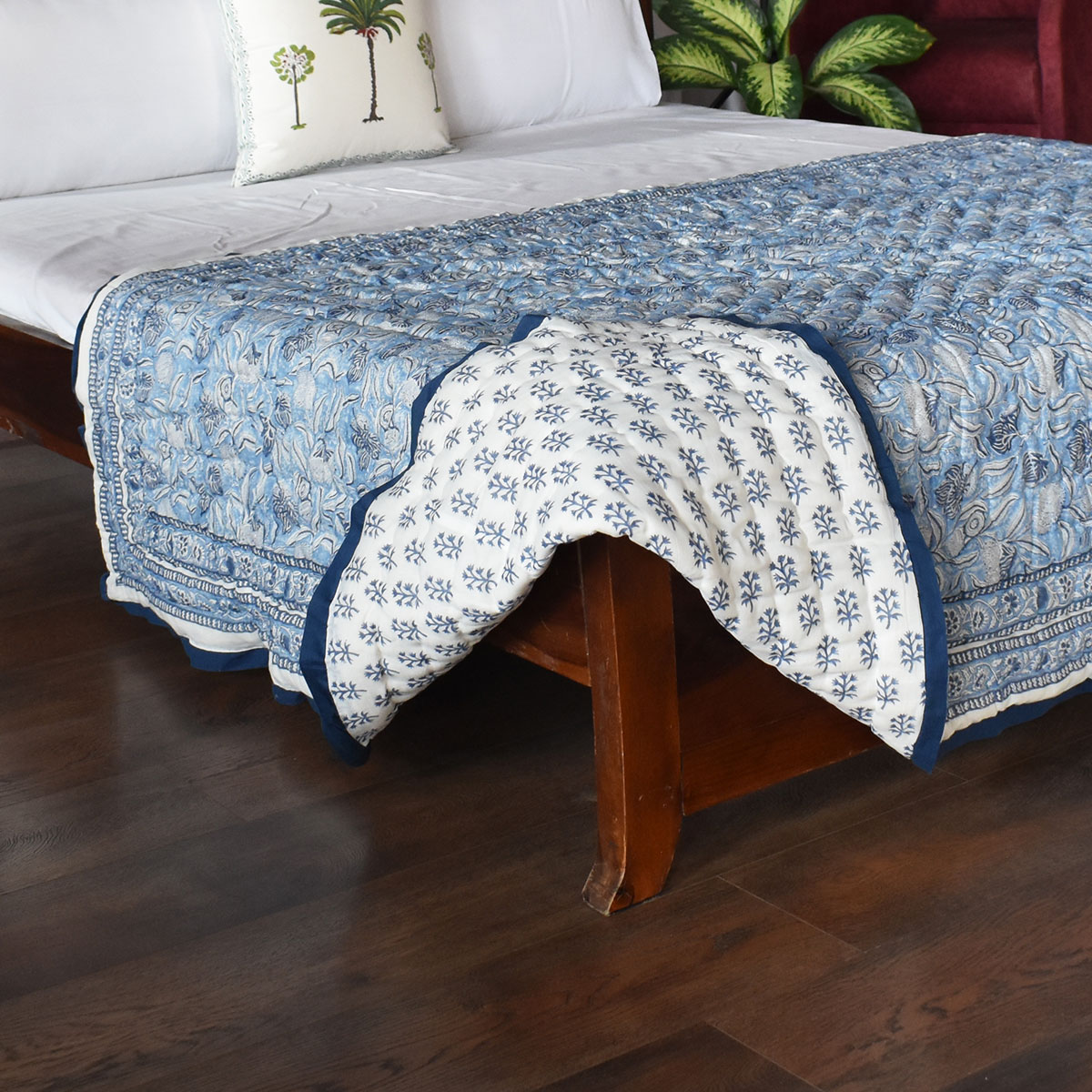 Hand Block Printed Cotton Twin Size Quilt Meadow Song Blue 202513